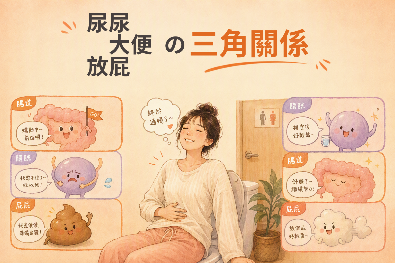 尿尿大便放屁三角關係插畫