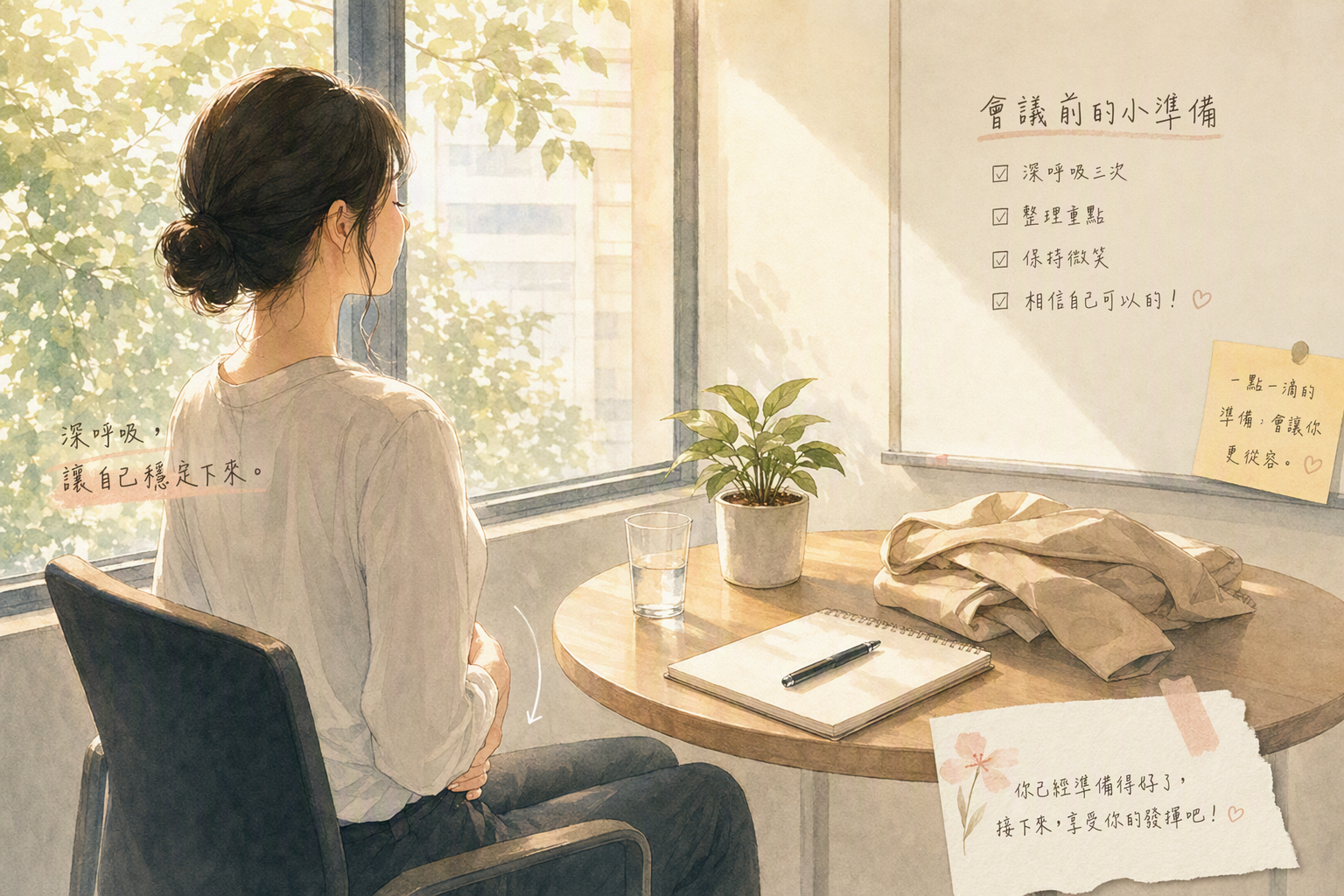 窗邊腹式呼吸與溫水杯