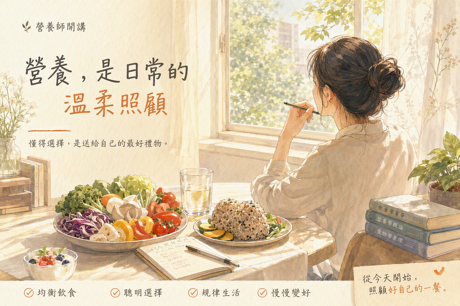 亞洲女性營養師與多樣化蔬果全穀