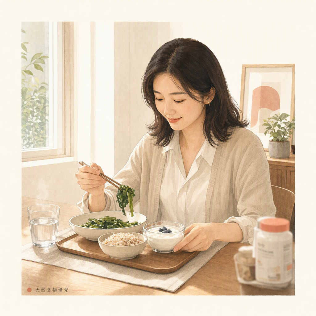 亞洲女性午餐加一份燙青菜與無糖