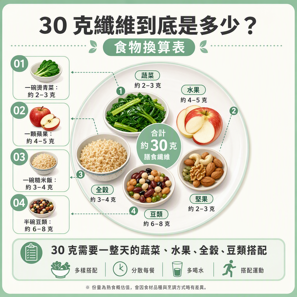 30克纖維食物換算教學示意圖