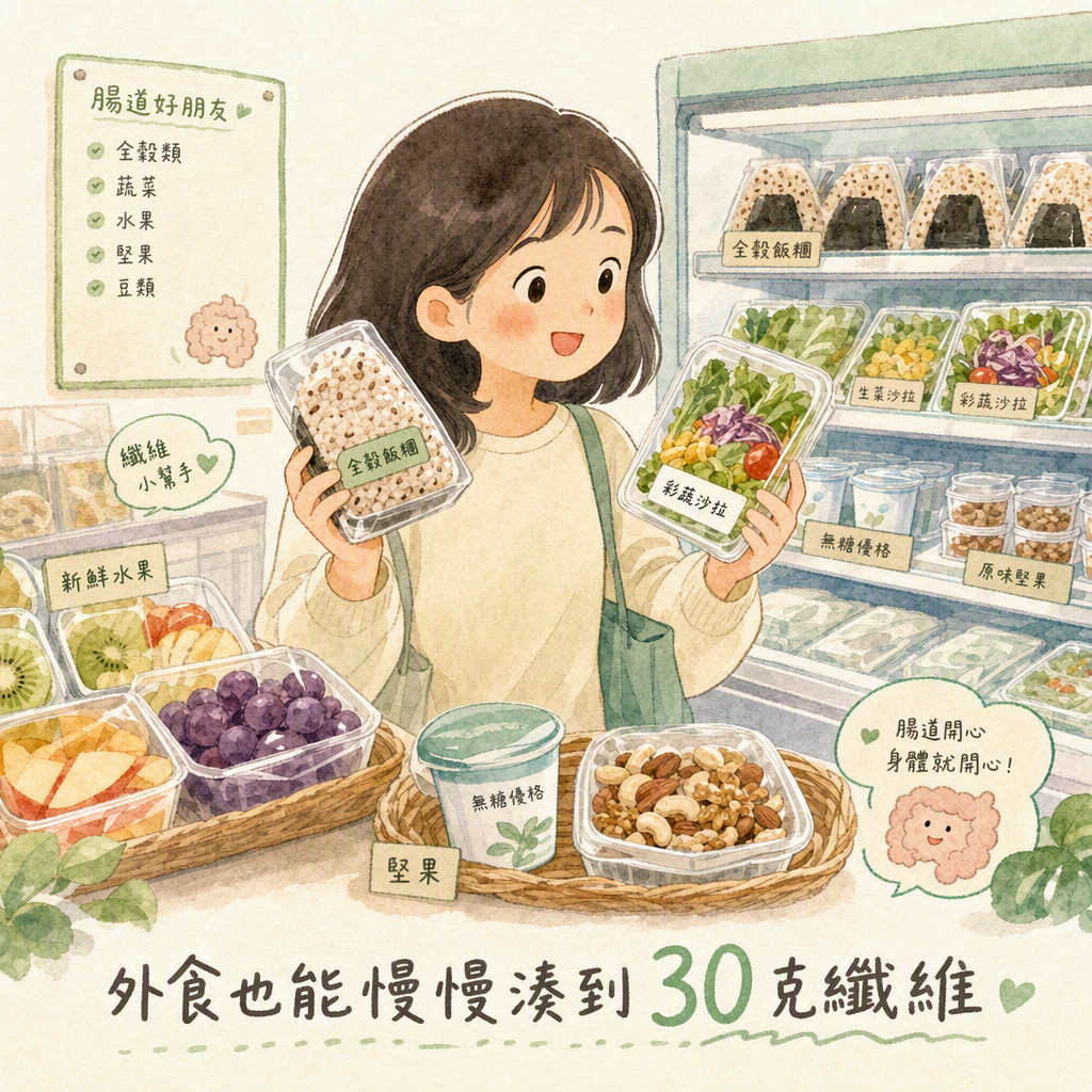 超商挑選全穀飯糰、沙拉、水果，