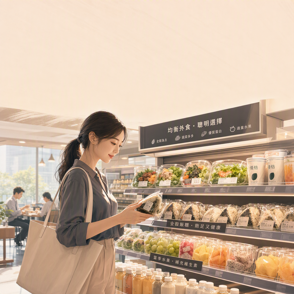 午餐時間在便當店挑選全穀與沙拉