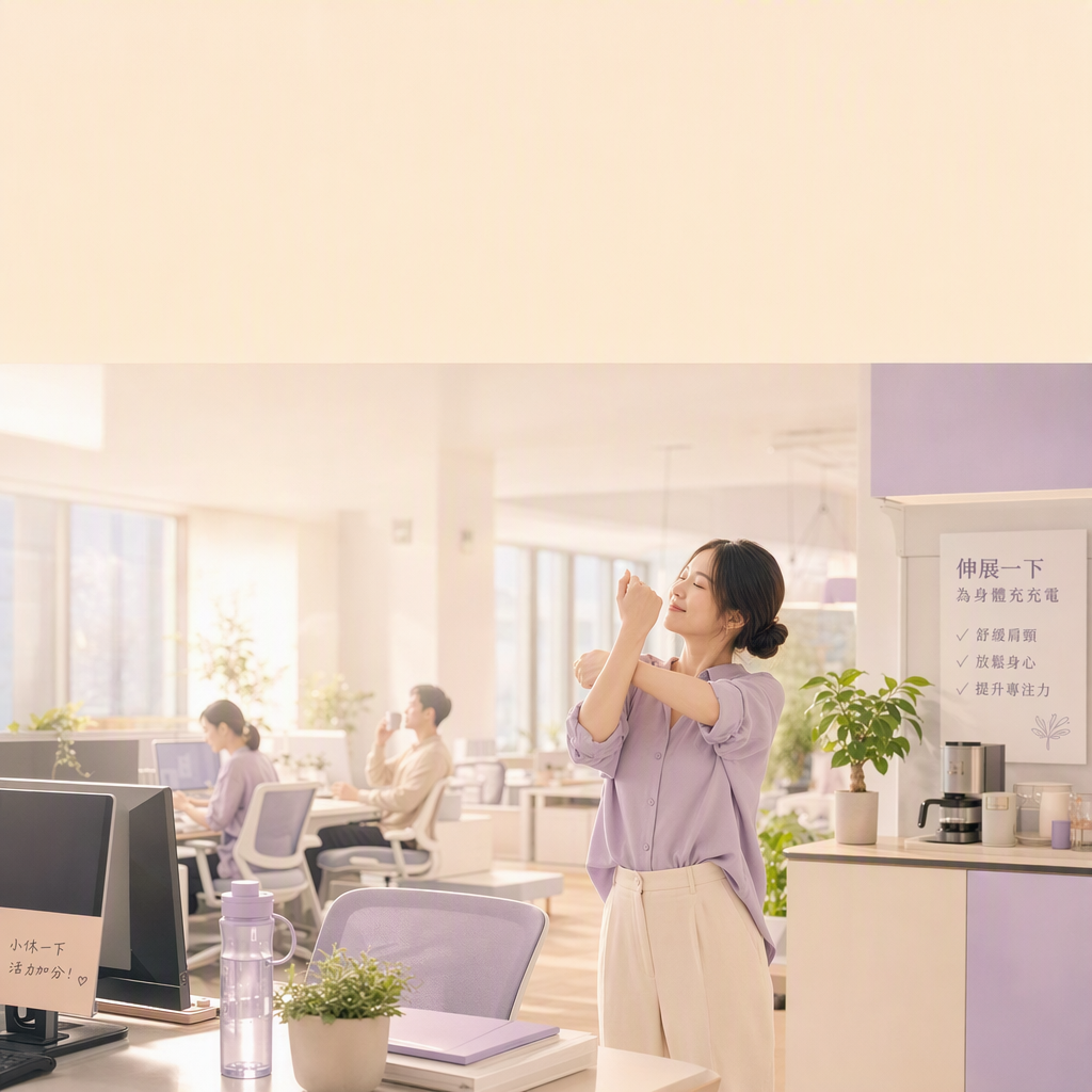 辦公室休息時間伸展,明亮電影感