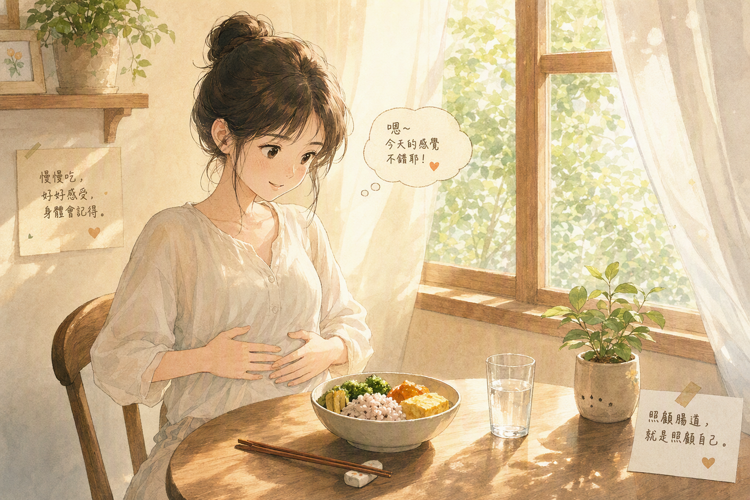亞洲女性在窗邊輕撫腹部,溫暖水