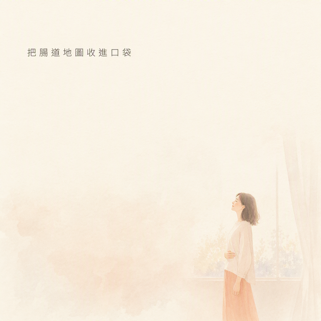 亞洲女性窗邊輕撫腹部,把腸道地