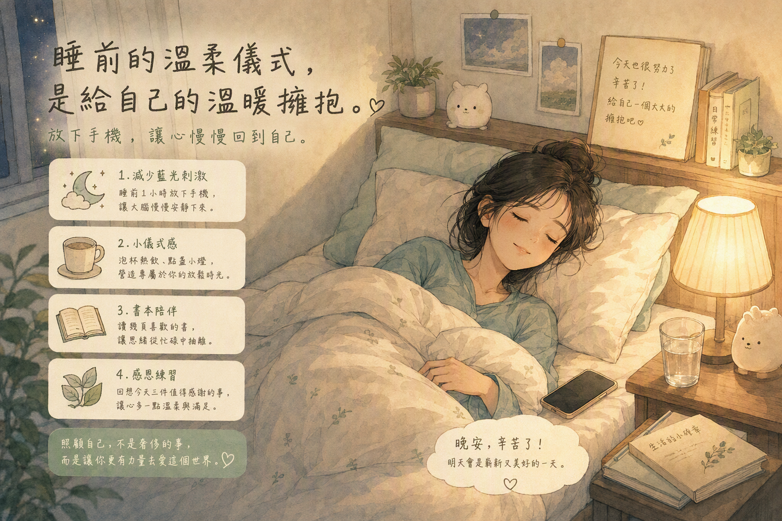 亞洲女性睡前放鬆,柔光、手機放