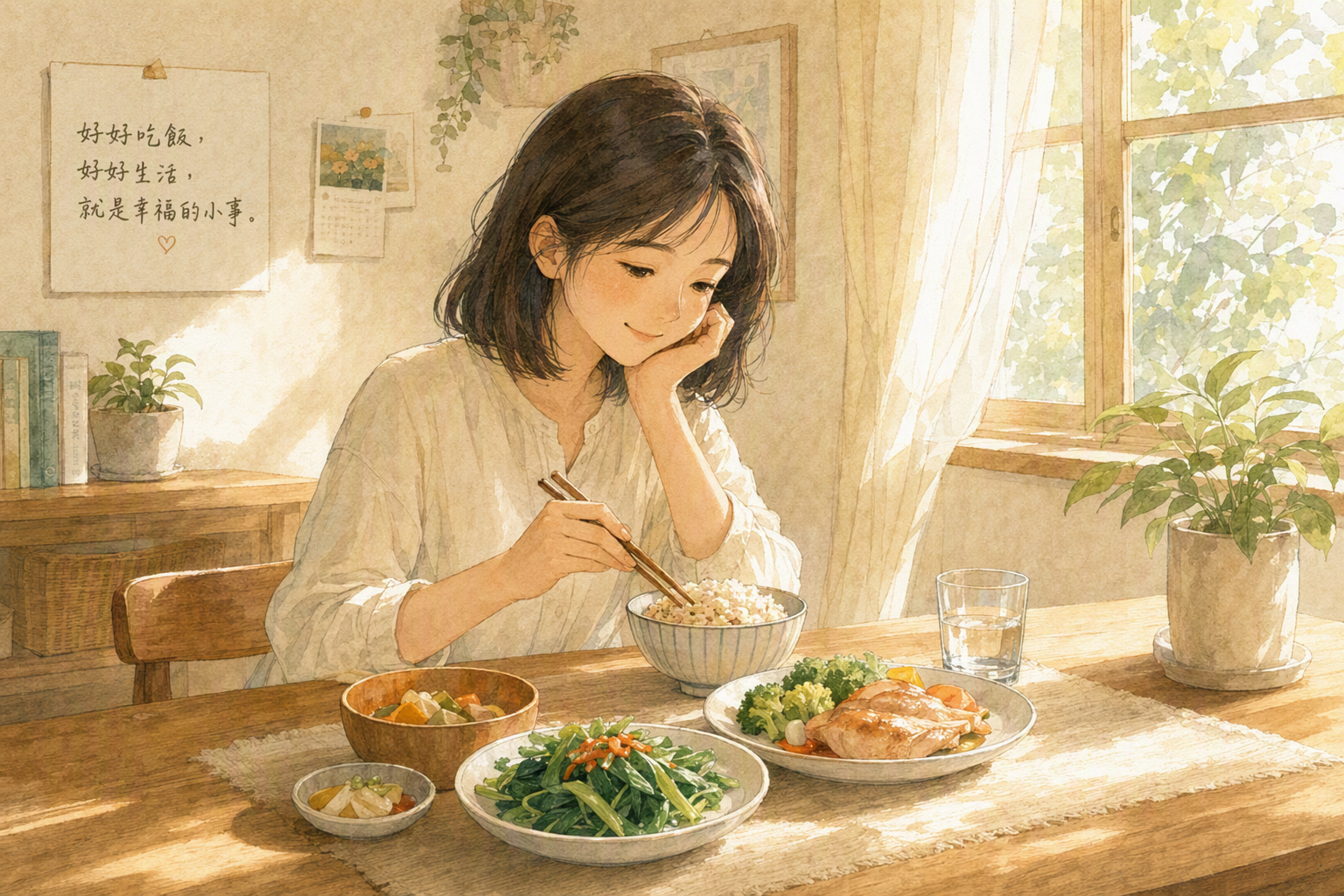 亞洲女性在家用餐,蔬菜、全穀、