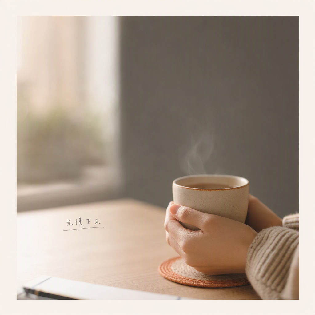 亞洲女性雙手捧溫熱陶瓷杯,窗光