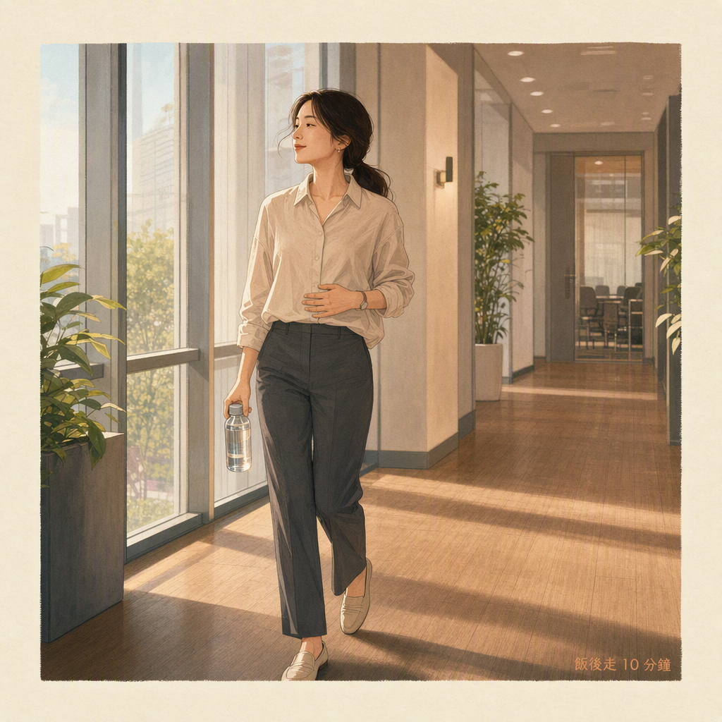 亞洲女性上班族飯後在辦公大樓走