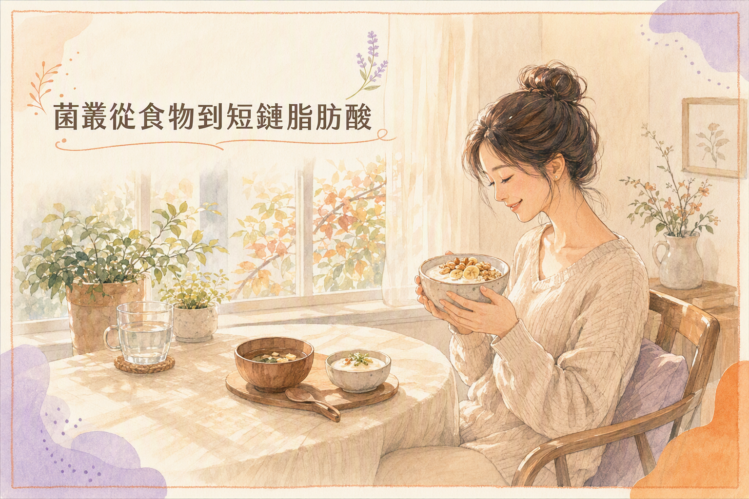 亞洲女性窗邊餐桌吃燕麥與發酵食