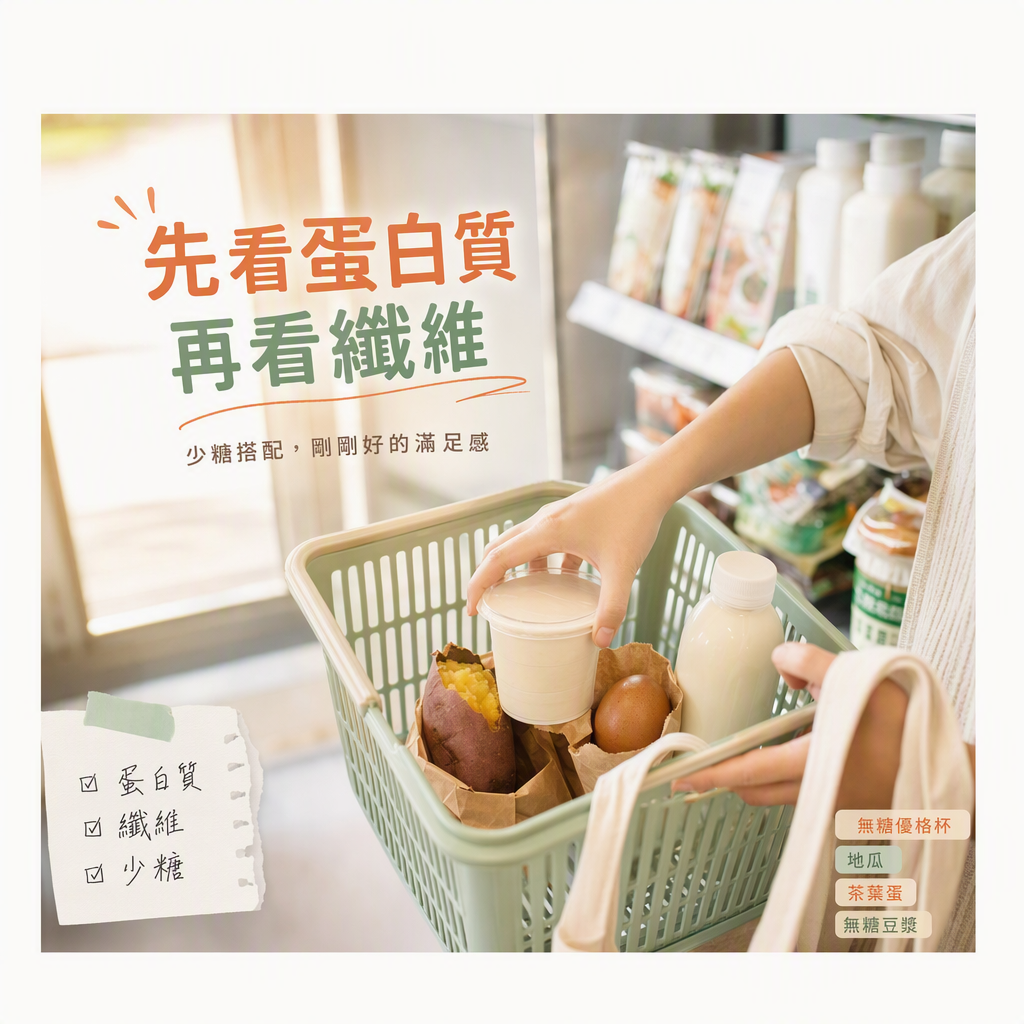 亞洲女性在超商冷藏櫃前，手拿無