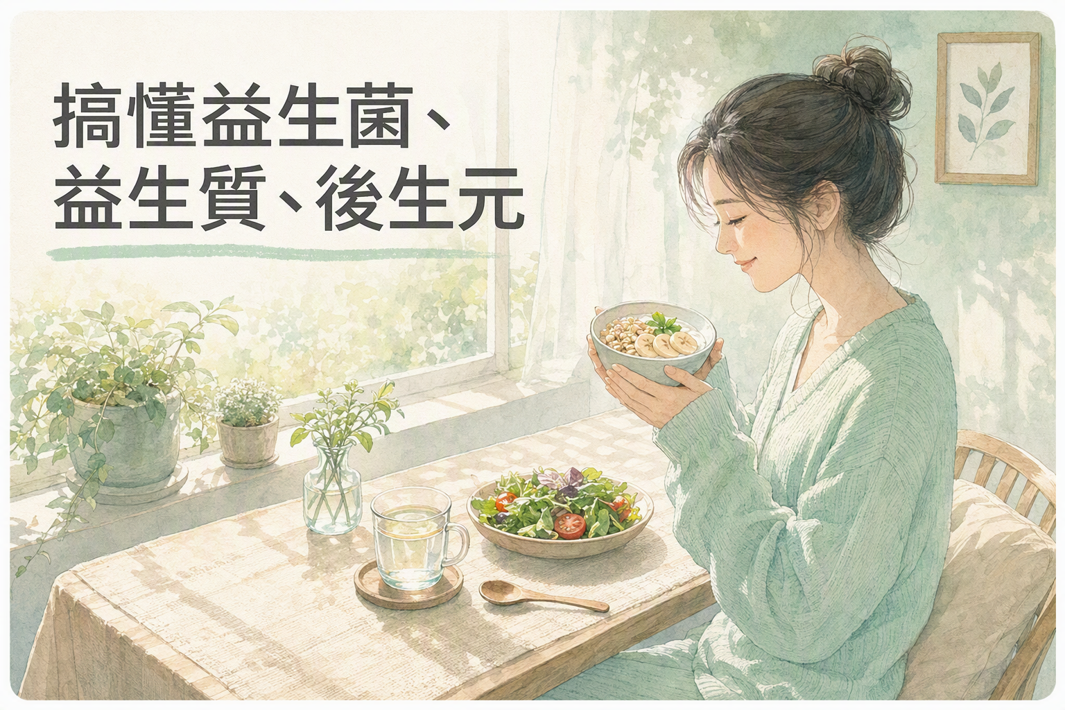 亞洲女性窗邊優格談益生菌