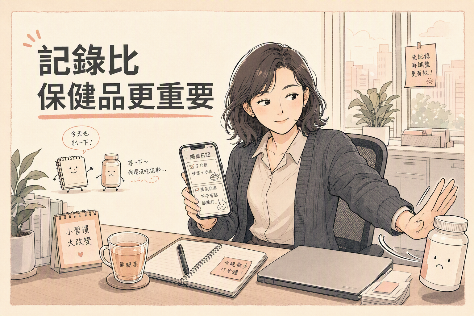 亞洲女性辦公桌寫腸胃日記