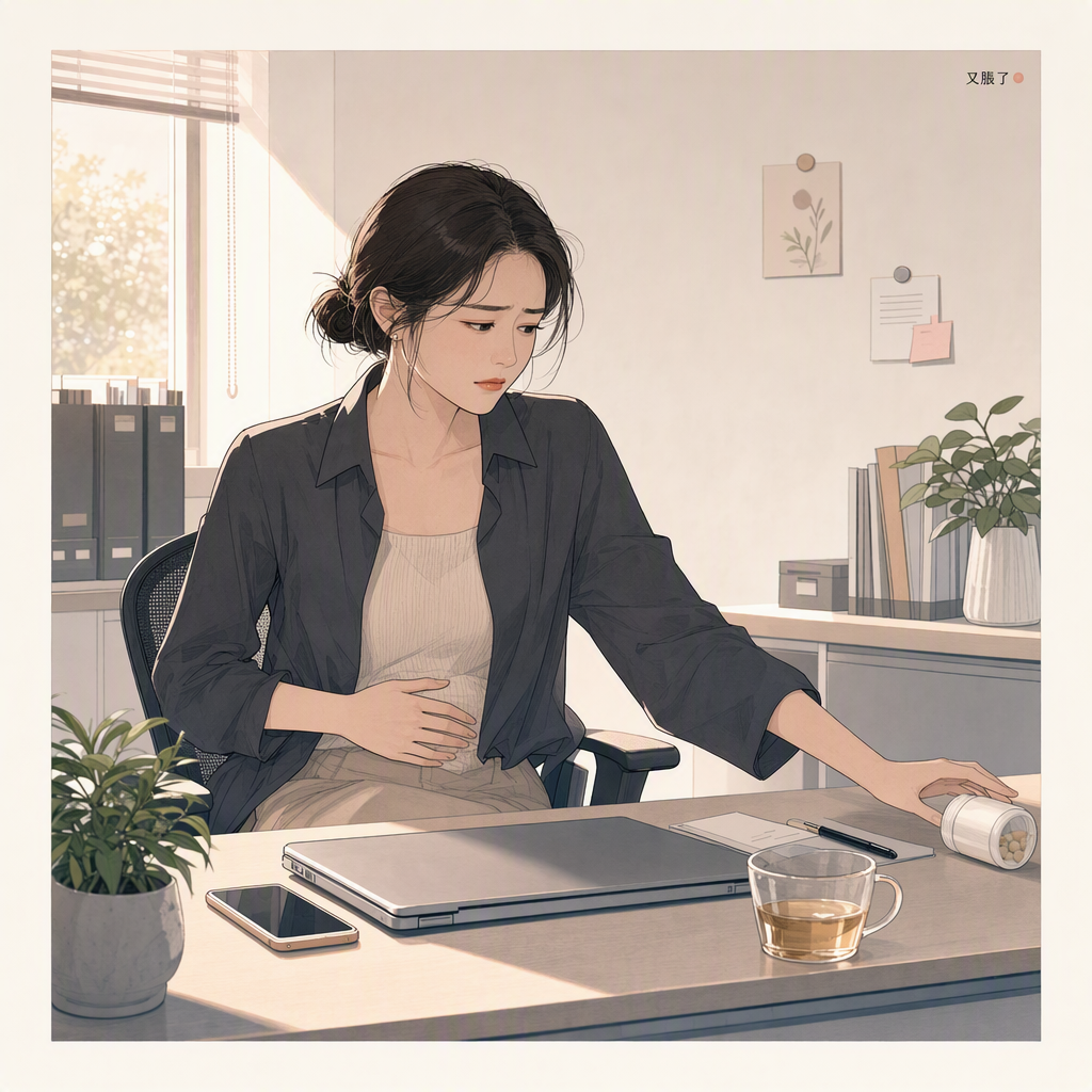 辦公桌前輕撫腹部益生菌瓶