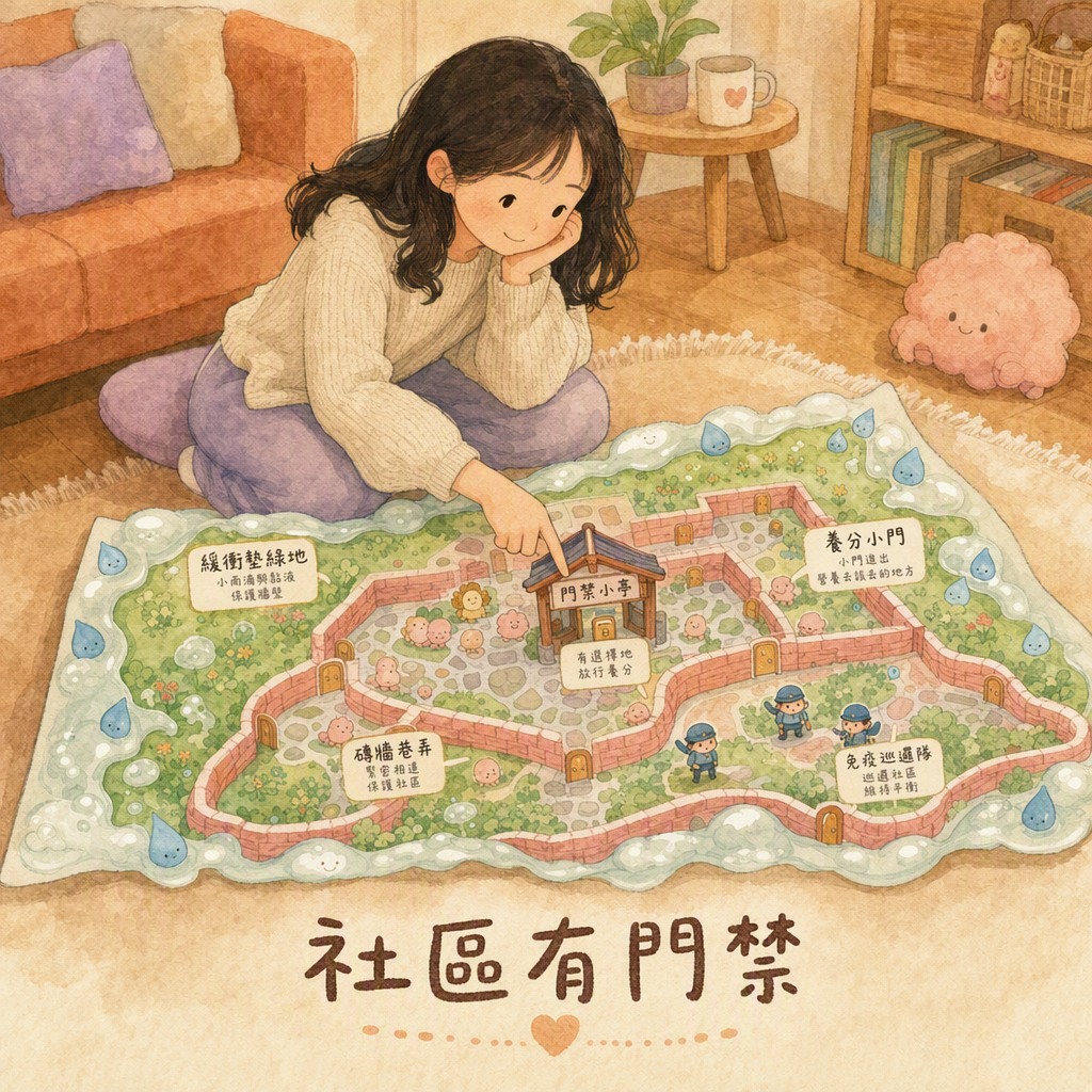 蹲在繪本圍牆社區地圖旁