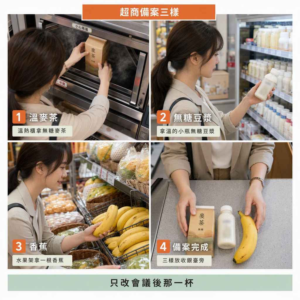 超商溫麥茶無糖豆漿與香蕉