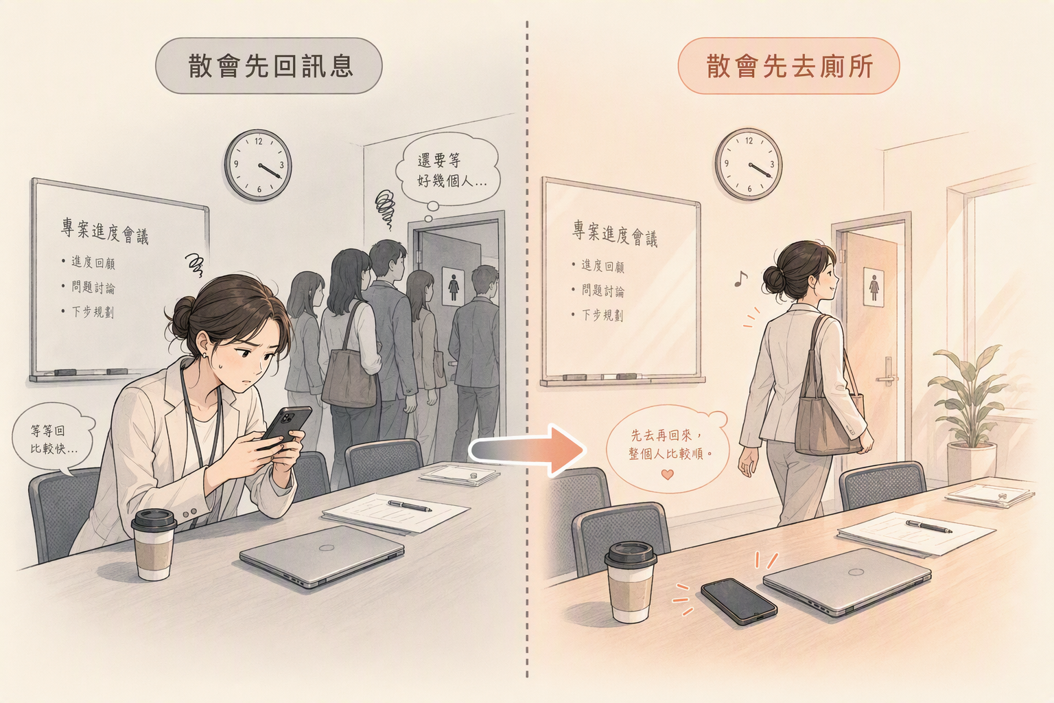 散會先回訊對比先去廁所
