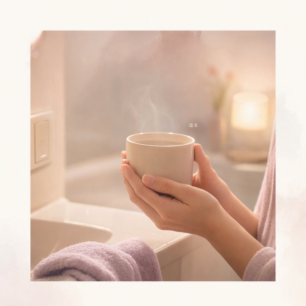 洗手台邊雙手捧著溫水杯