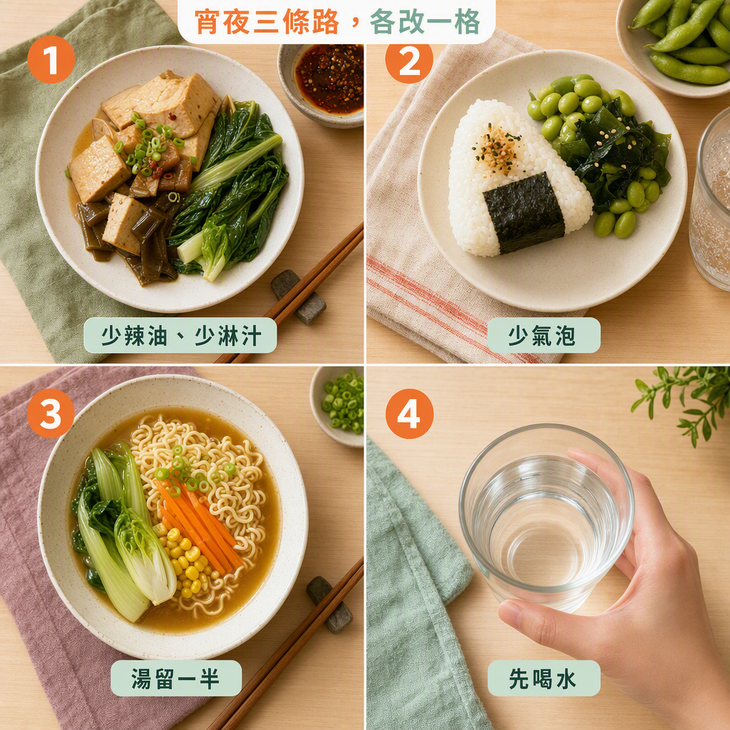 廚房檯面四格:滷味、超商、泡麵
