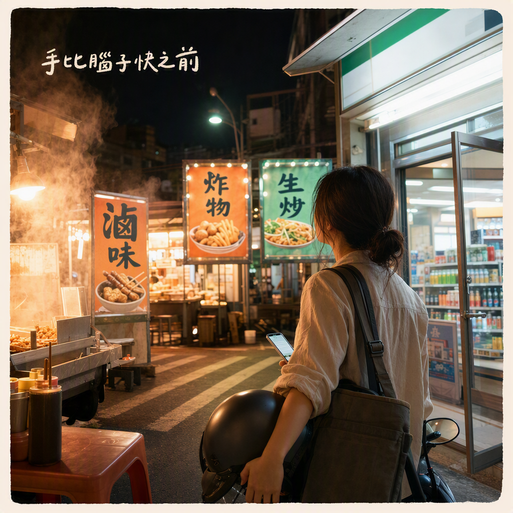 晚上九點半機車燈掃過滷味攤與超