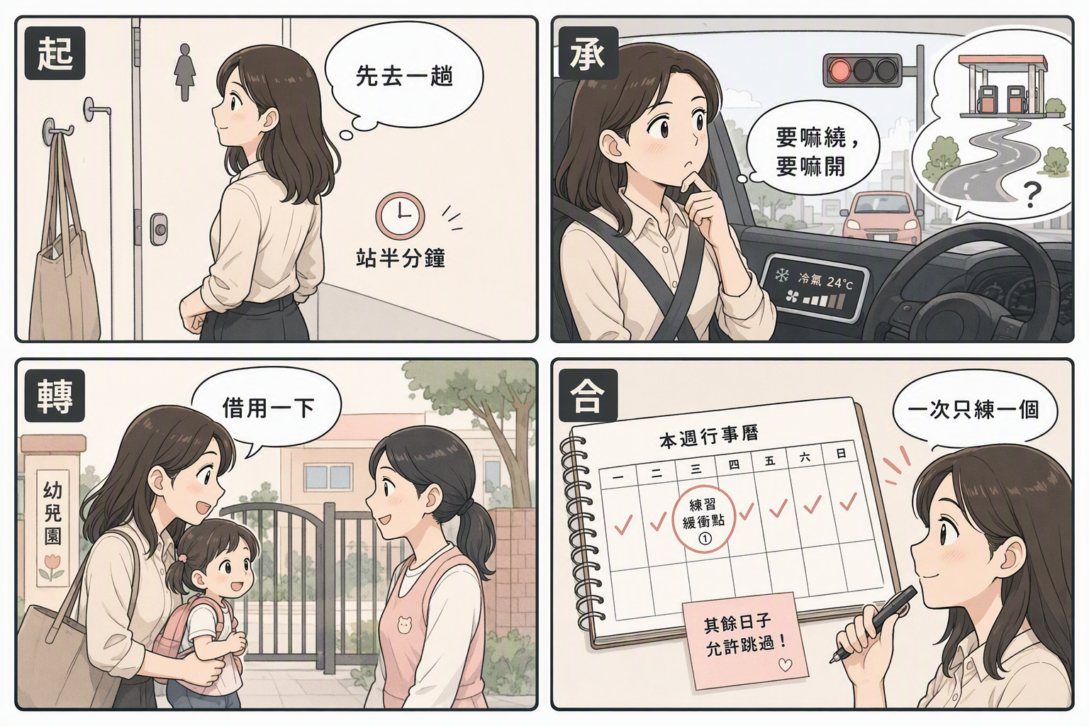 離開前、車陣、接到後、一次只練