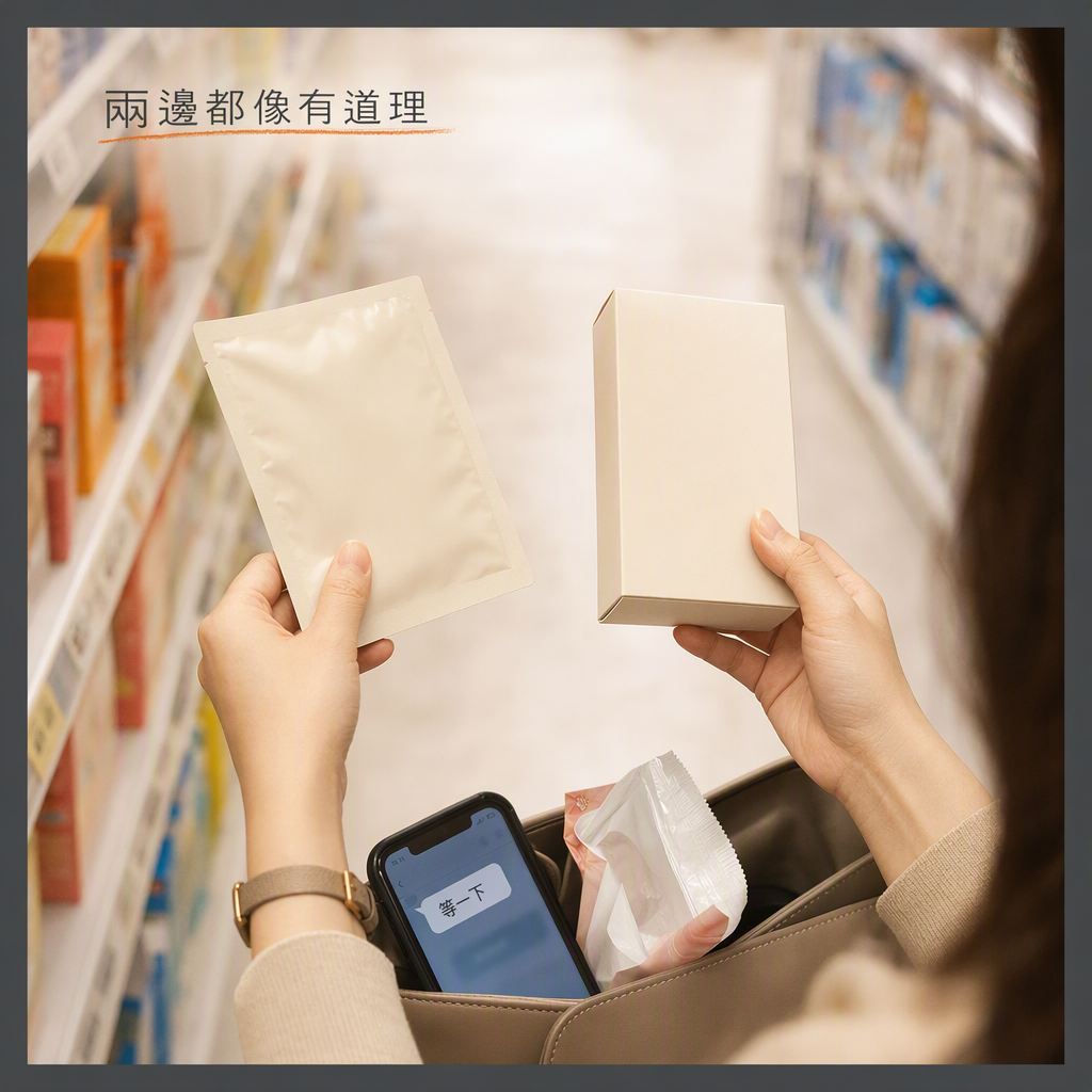 兩手拿無標熱敷貼與整腸錠