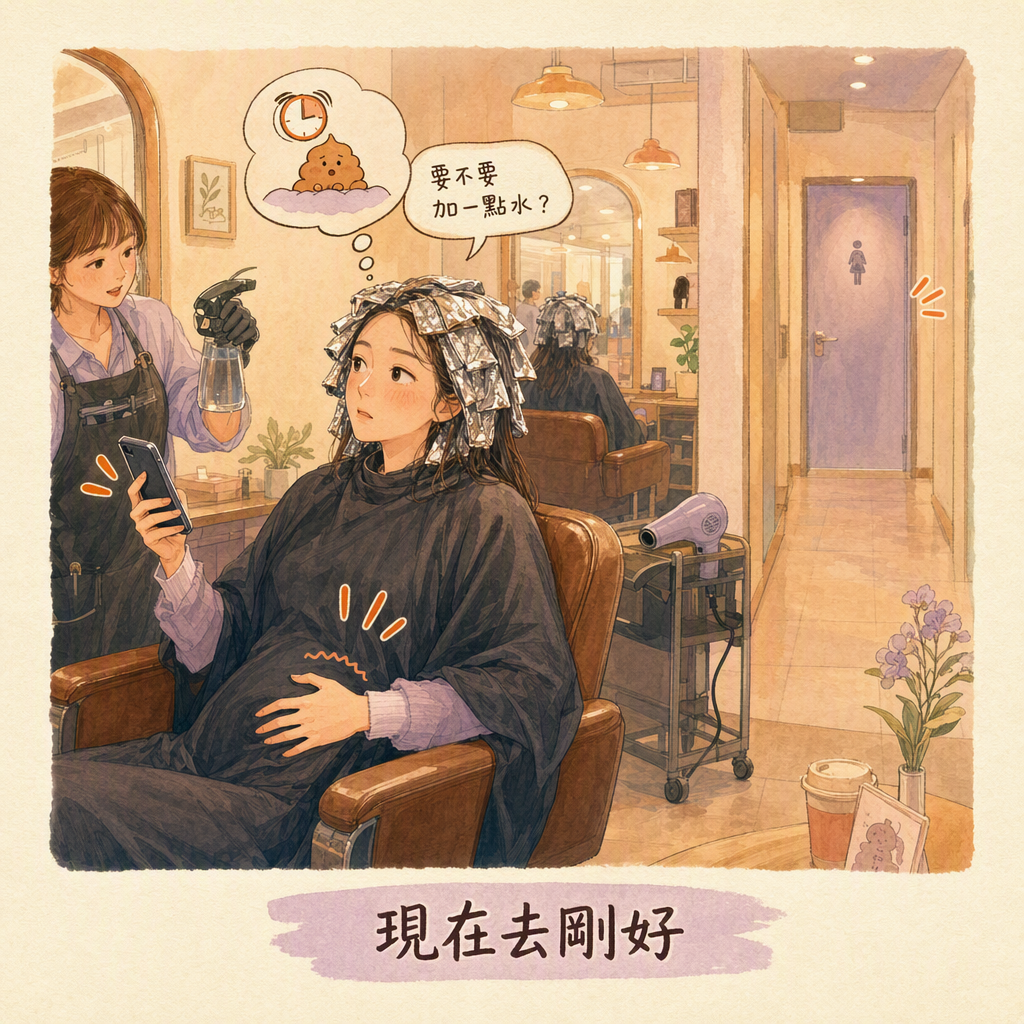 美髮深椅、頭上鋁箔、走道那扇廁